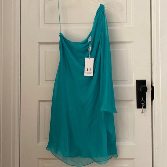 Halston One-Shoulder Turquoise silk organza party dress NWT - Picture 3 of 3